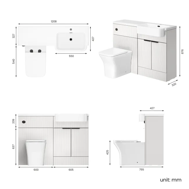 Sicily Fluted Coastal White Combination Vanity Basin and Houston Toilet 1200mm - Black Accents - Right Handed