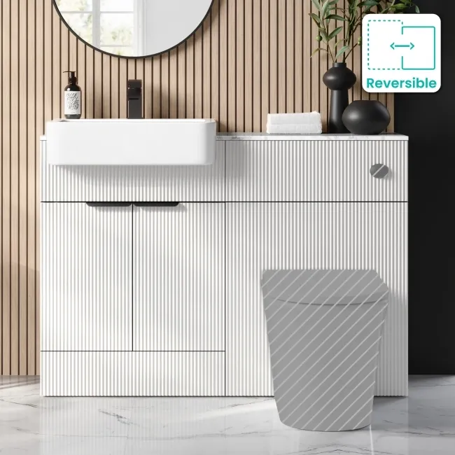 Sicily Fluted Coastal White Basin Vanity with Marble Top & Back To Wall Unit 1200mm (Excludes Toilet) - Black Accents