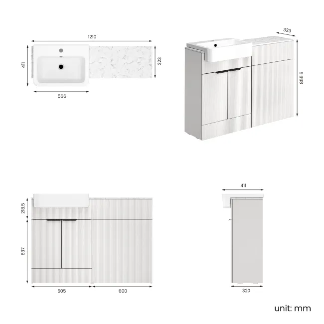 Sicily Fluted Coastal White Basin Vanity with Marble Top & Back To Wall Unit 1200mm (Excludes Toilet) - Black Accents