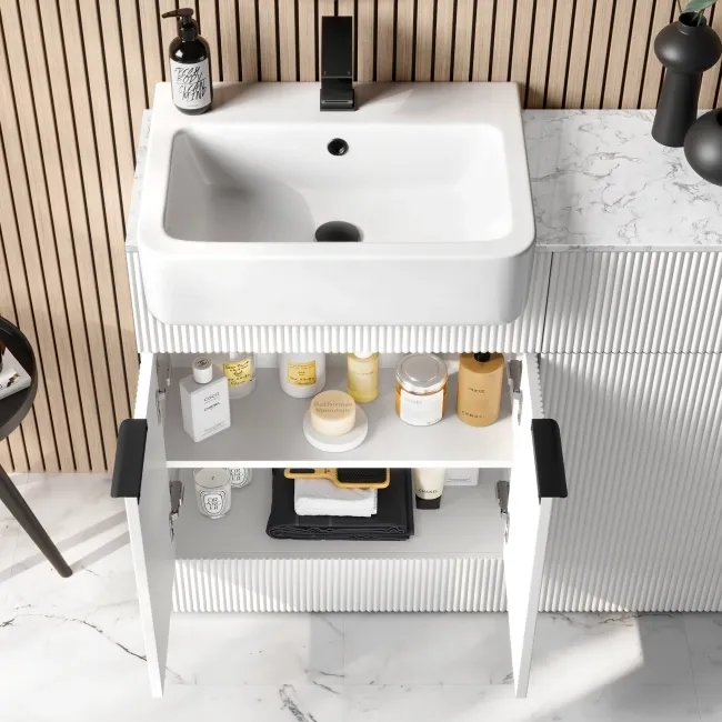 Sicily Fluted Coastal White Combination Vanity Basin with Marble Top & Tucson Toilet 1200mm - Black Accents