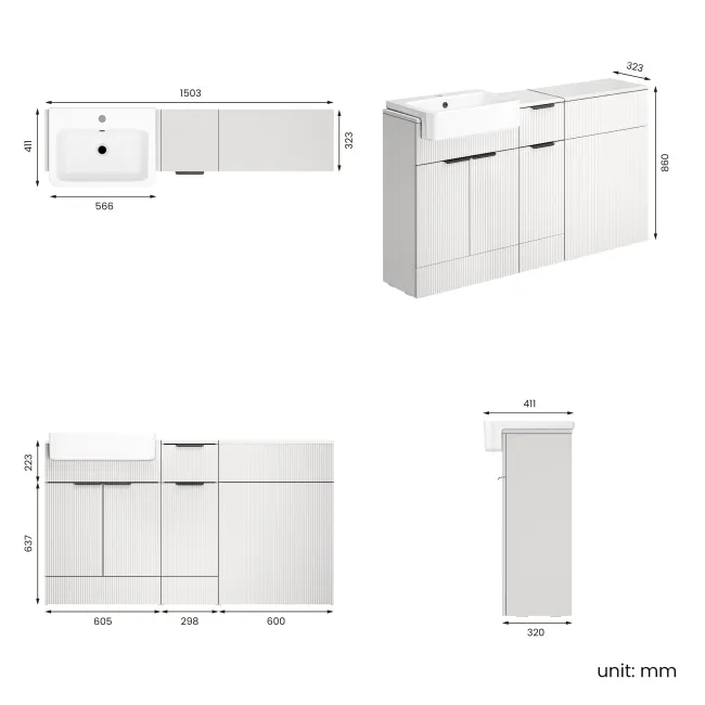 Sicily Fluted Coastal White Combination Vanity Basin 1500mm (Excludes Toilet) - Black Accents