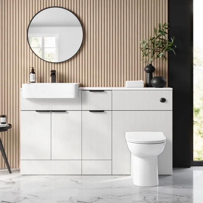 Sicily Fluted Coastal White Combination Vanity Basin and Aruba Toilet 1500mm - Black Accents