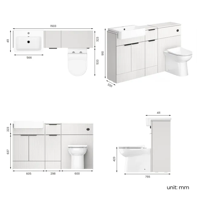Sicily Fluted Coastal White Combination Vanity Basin and Aruba Toilet 1500mm - Black Accents