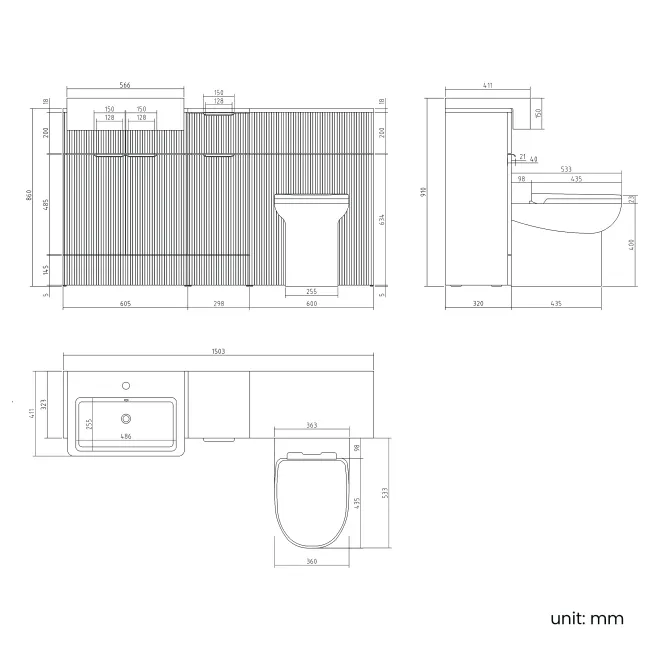 Sicily Fluted Coastal White Combination Vanity Basin and Aruba Toilet 1500mm - Black Accents