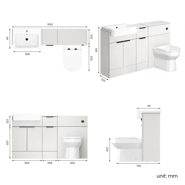 Sicily Fluted Coastal White Combination Vanity Basin and Miami Toilet 1500mm - Black Accents