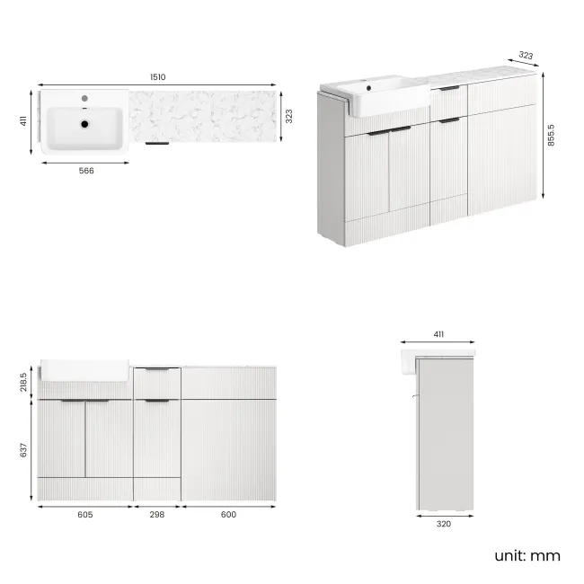 Sicily Fluted Coastal White Combination Vanity Basin with Marble Top 1500mm (Excludes Toilet) - Black Accents