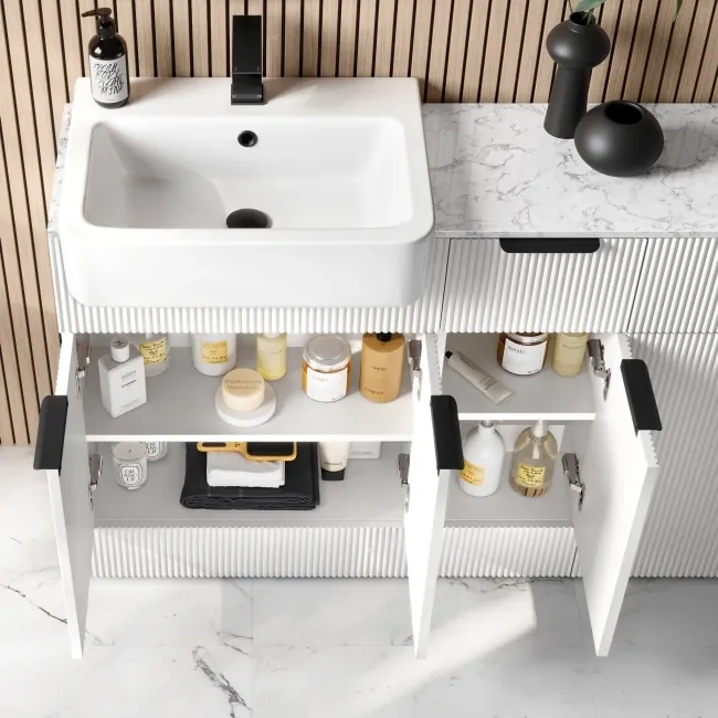 Sicily Fluted Coastal White Combination Vanity Basin with Marble Top & Houston Toilet 1500mm - Black Accents