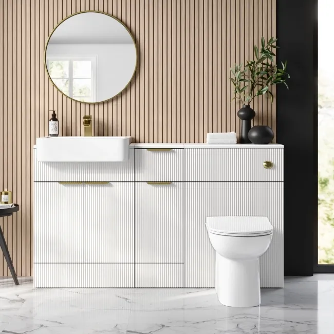 Sicily Fluted Coastal White Side Cabinet Unit 300mm - Brushed Brass Accents