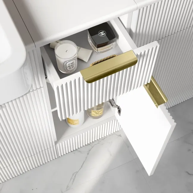 Sicily Fluted Coastal White Side Cabinet Unit 300mm - Brushed Brass Accents