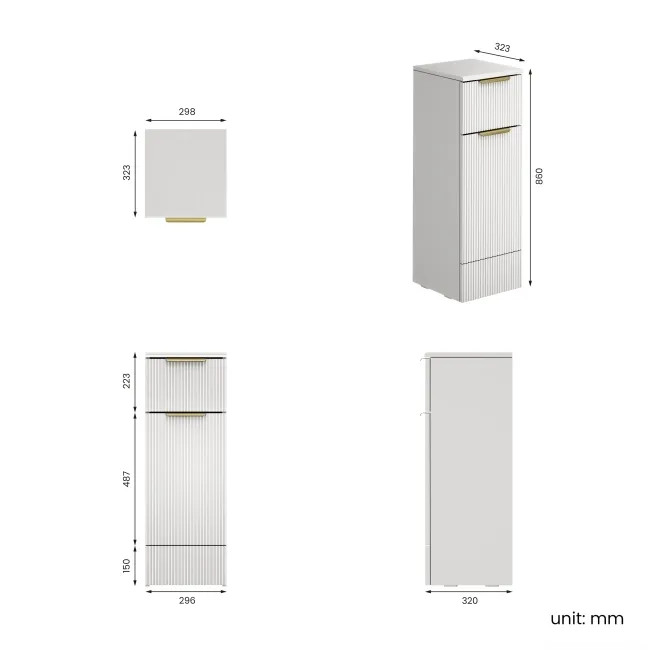 Sicily Fluted Coastal White Side Cabinet Unit 300mm - Brushed Brass Accents