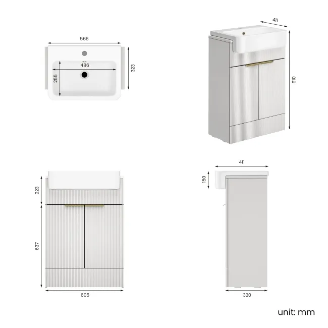 Sicily Fluted Coastal White Vanity with Semi Recessed Basin 600mm - Brushed Brass Accents