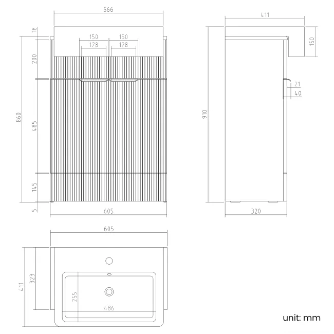 Sicily Fluted Coastal White Vanity with Semi Recessed Basin 600mm - Brushed Brass Accents