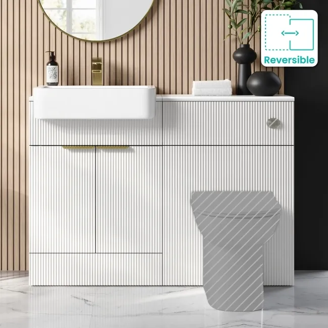 Sicily Fluted Coastal White Basin Vanity and Back To Wall Toilet Unit 1200mm (Excludes Toilet) - Brushed Brass Accents