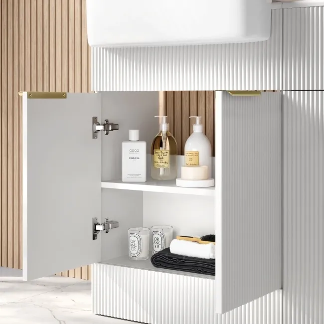 Sicily Fluted Coastal White Basin Vanity and Back To Wall Toilet Unit 1200mm (Excludes Toilet) - Brushed Brass Accents