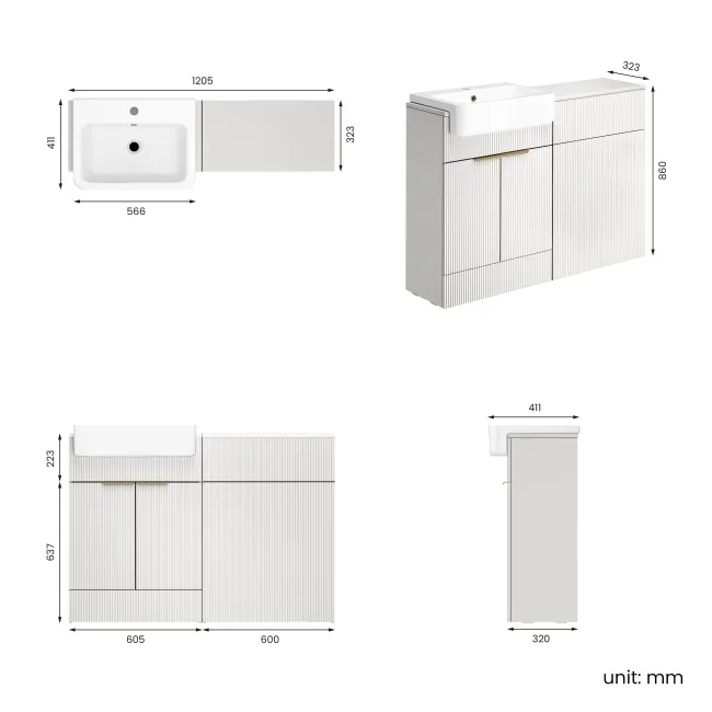 Sicily Fluted Coastal White Basin Vanity and Back To Wall Toilet Unit 1200mm (Excludes Toilet) - Brushed Brass Accents