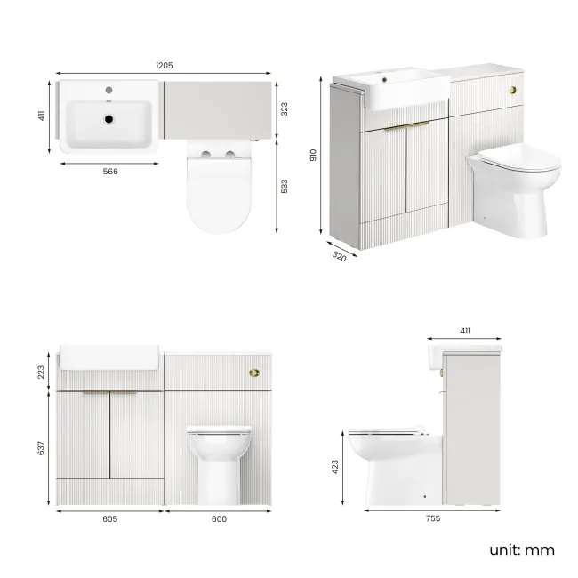 Sicily Fluted Coastal White Combination Vanity Basin and Aruba Toilet 1200mm - Brushed Brass Accents