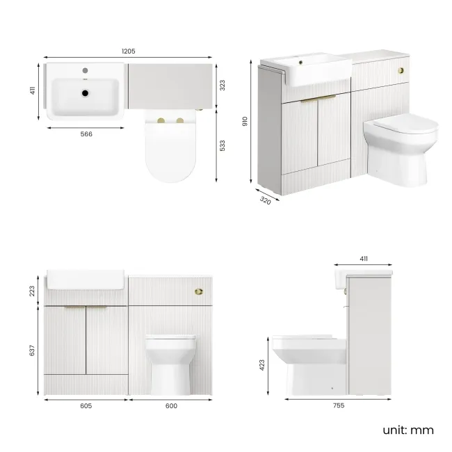 Sicily Fluted Coastal White Combination Vanity Basin and Miami Toilet 1200mm - Brushed Brass Accents