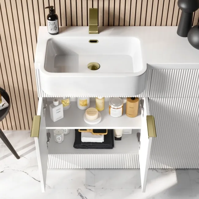 Sicily Fluted Coastal White Combination Vanity Basin and Houston Toilet 1200mm - Brushed Brass Accents - Left Handed