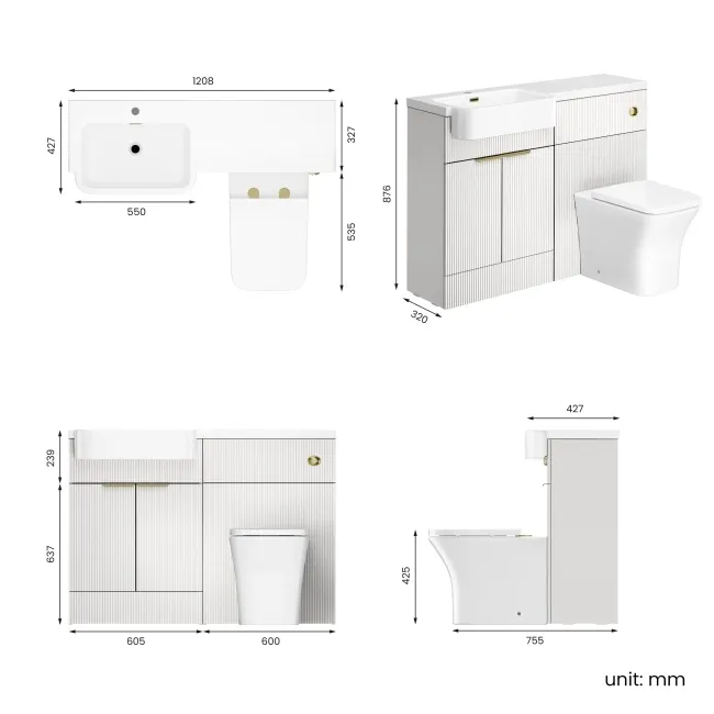 Sicily Fluted Coastal White Combination Vanity Basin and Houston Toilet 1200mm - Brushed Brass Accents - Left Handed