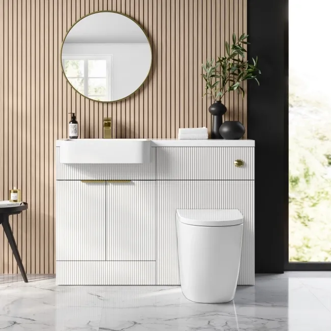 Sicily Fluted Coastal White Combination Vanity Basin and Utah Comfort Height Toilet 1200mm - Brushed Brass Accents - Left Handed