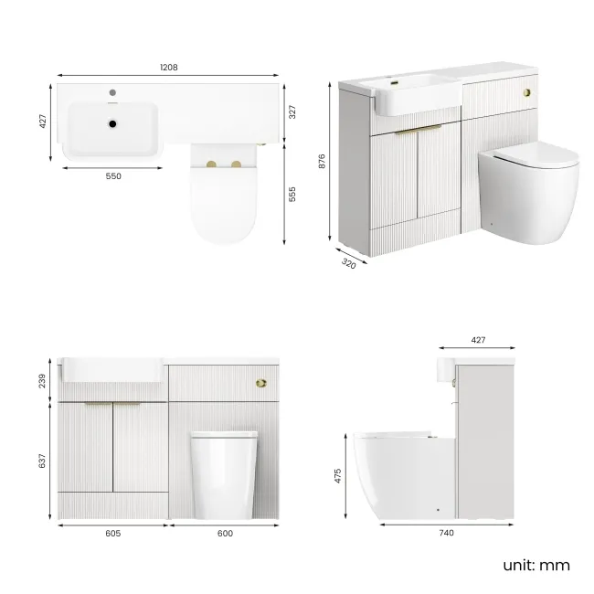 Sicily Fluted Coastal White Combination Vanity Basin and Utah Comfort Height Toilet 1200mm - Brushed Brass Accents - Left Handed