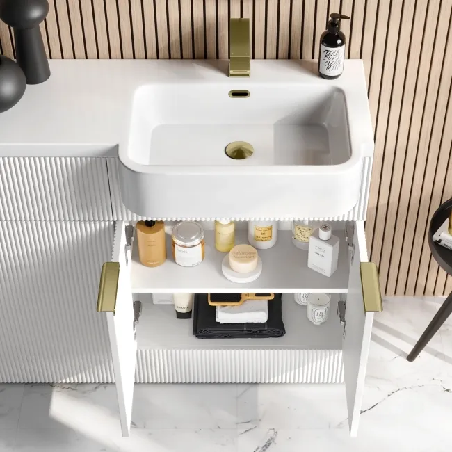 Sicily Fluted Coastal White Basin Vanity and Back To Wall Toilet Unit 1200mm (Excludes Toilet) - Brushed Brass Accents - Right Handed