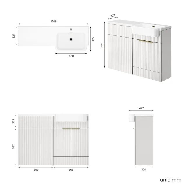 Sicily Fluted Coastal White Basin Vanity and Back To Wall Toilet Unit 1200mm (Excludes Toilet) - Brushed Brass Accents - Right Handed