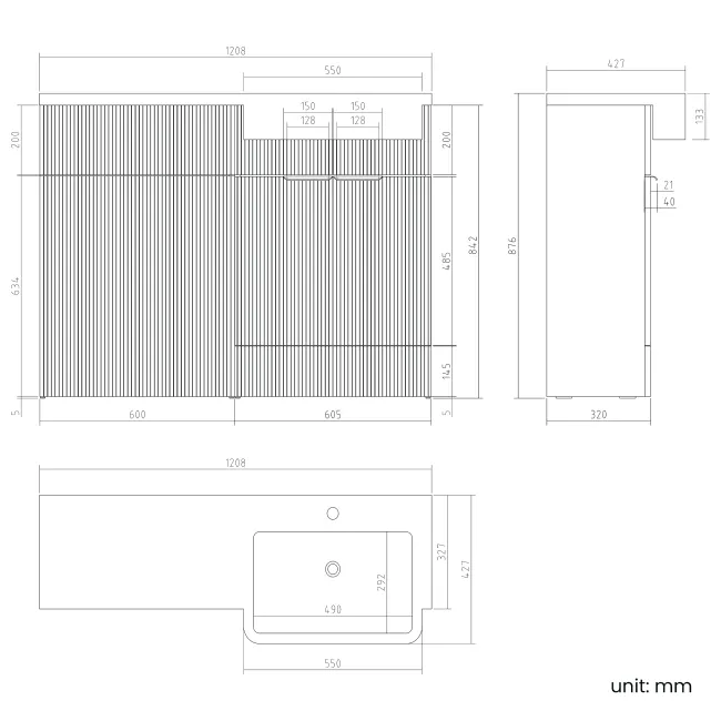 Sicily Fluted Coastal White Basin Vanity and Back To Wall Toilet Unit 1200mm (Excludes Toilet) - Brushed Brass Accents - Right Handed