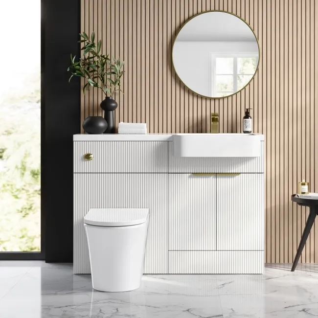 Sicily Fluted Coastal White Combination Vanity Basin and Tucson Toilet 1200mm - Brushed Brass Accents - Right Handed