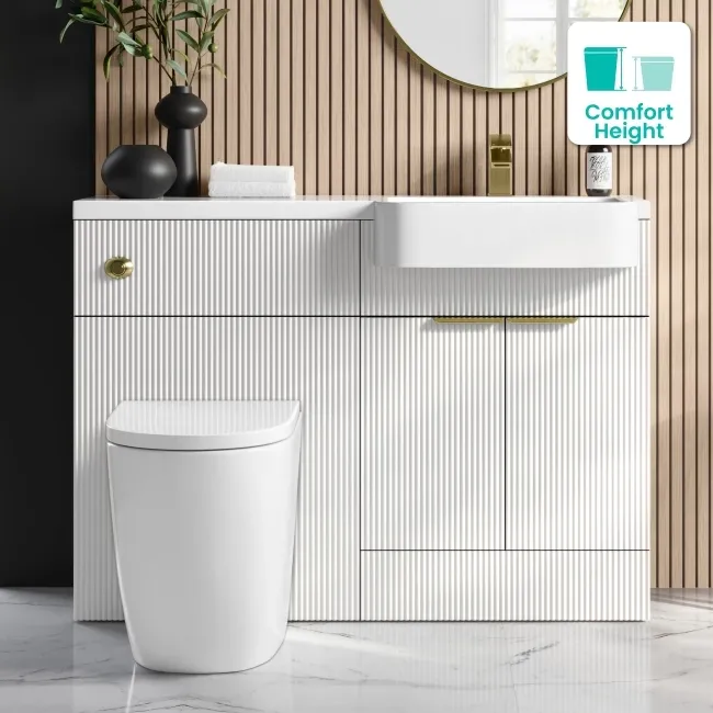 Sicily Fluted Coastal White Combination Vanity Basin and Utah Comfort Height Toilet 1200mm - Brushed Brass Accents - Right Handed