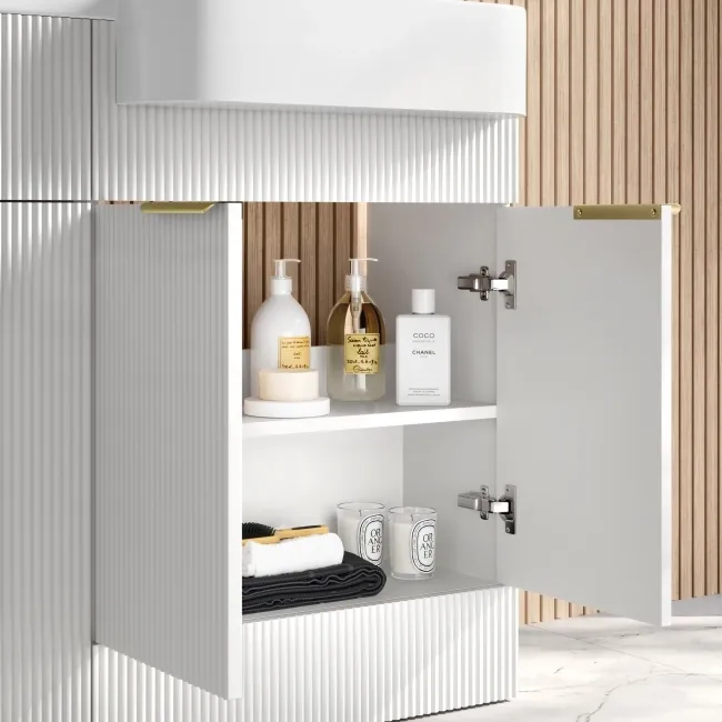 Sicily Fluted Coastal White Combination Vanity Basin and Utah Comfort Height Toilet 1200mm - Brushed Brass Accents - Right Handed