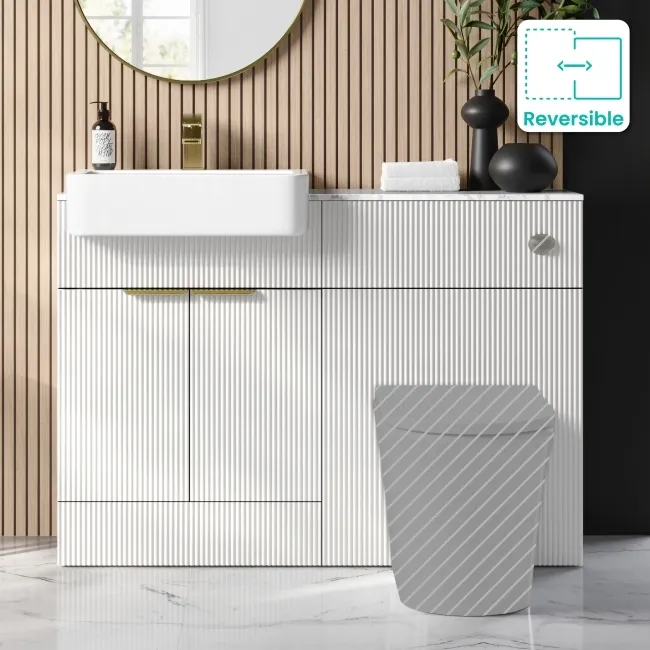 Sicily Fluted Coastal White Basin Vanity with Marble Top & Back To Wall Unit 1200mm (Excludes Toilet) - Brushed Brass Accents