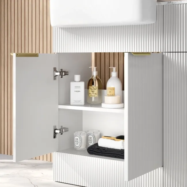 Sicily Fluted Coastal White Basin Vanity with Marble Top & Back To Wall Unit 1200mm (Excludes Toilet) - Brushed Brass Accents