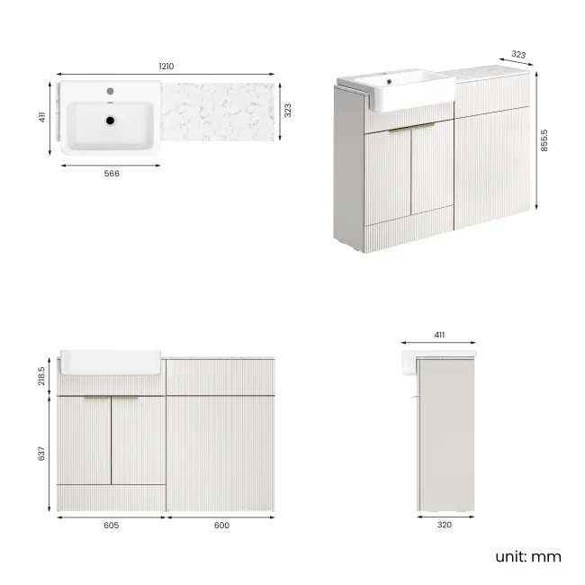 Sicily Fluted Coastal White Basin Vanity with Marble Top & Back To Wall Unit 1200mm (Excludes Toilet) - Brushed Brass Accents
