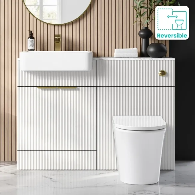 Sicily Fluted Coastal White Combination Vanity Basin with Marble Top & Tucson Toilet 1200mm - Brushed Brass Accents