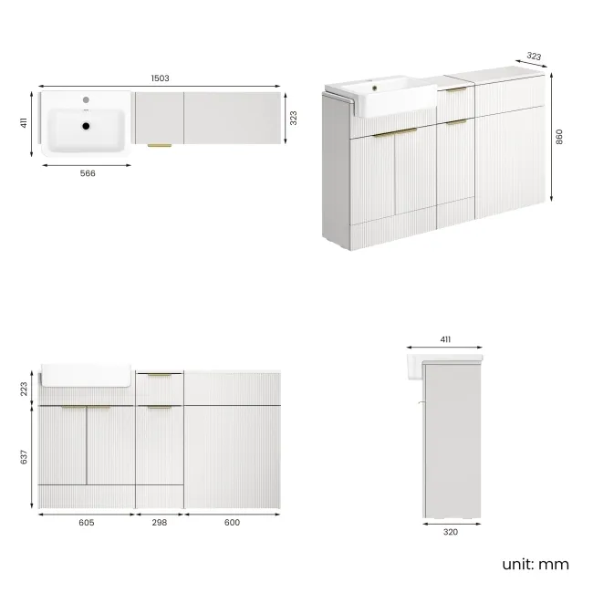 Sicily Fluted Coastal White Combination Vanity Basin 1500mm (Excludes Toilet) - Brushed Brass Accents