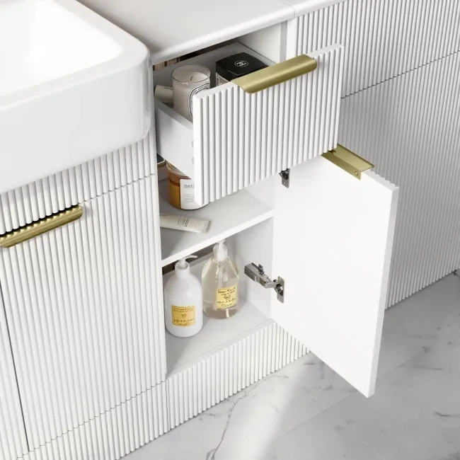 Sicily Fluted Coastal White Combination Vanity Basin and Aruba Toilet 1500mm - Brushed Brass Accents