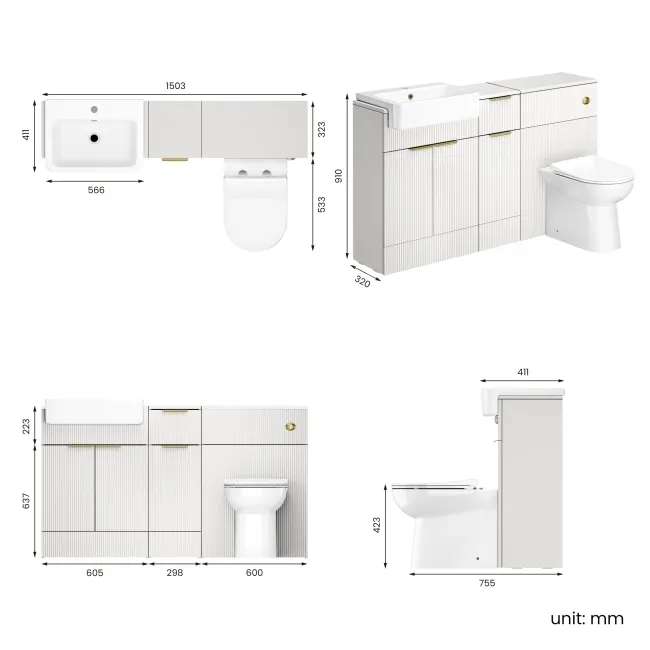 Sicily Fluted Coastal White Combination Vanity Basin and Aruba Toilet 1500mm - Brushed Brass Accents