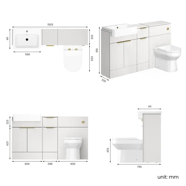Sicily Fluted Coastal White Combination Vanity Basin and Miami Toilet 1500mm - Brushed Brass Accents