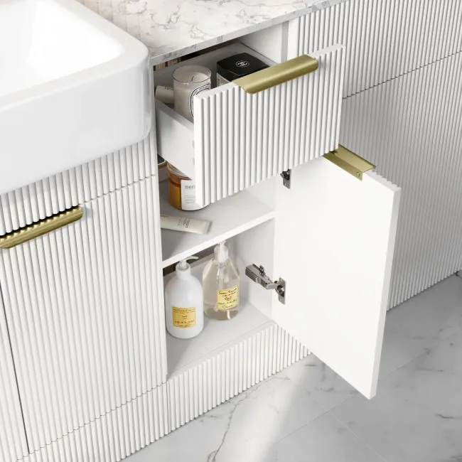 Sicily Fluted Coastal White Combination Vanity Basin with Marble Top 1500mm (Excludes Toilet) - Brushed Brass Accents