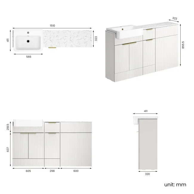Sicily Fluted Coastal White Combination Vanity Basin with Marble Top 1500mm (Excludes Toilet) - Brushed Brass Accents