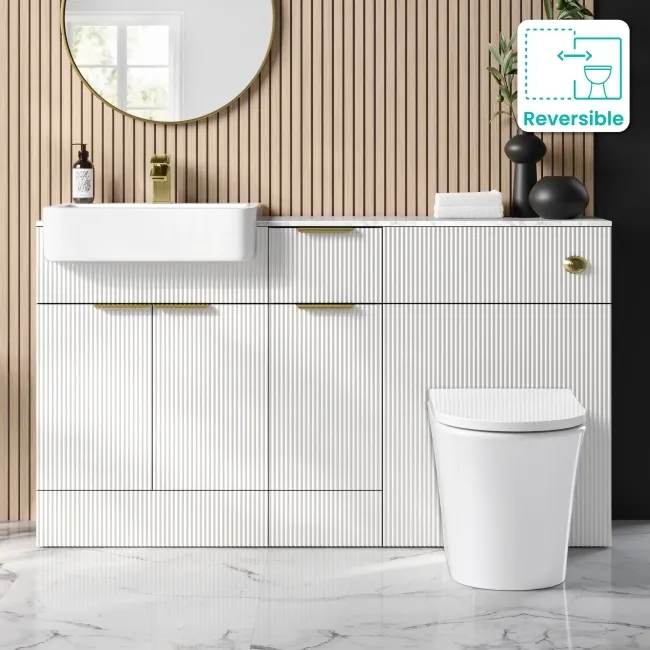 Sicily Fluted Coastal White Combination Vanity Basin with Marble Top & Tucson Toilet 1500mm - Brushed Brass Accents