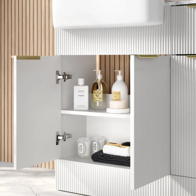 Sicily Fluted Coastal White Combination Vanity Basin with Marble Top & Tucson Toilet 1500mm - Brushed Brass Accents