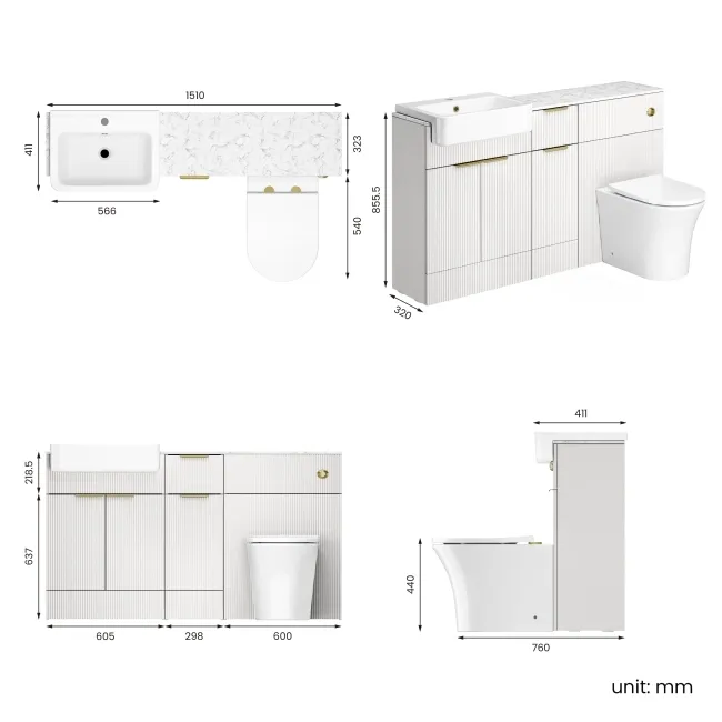 Sicily Fluted Coastal White Combination Vanity Basin with Marble Top & Tucson Toilet 1500mm - Brushed Brass Accents