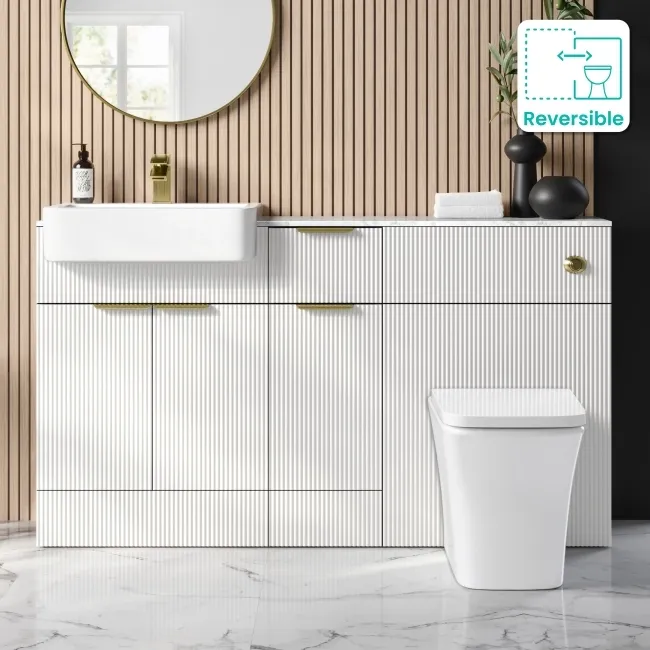 Sicily Fluted Coastal White Combination Vanity Basin with Marble Top & Houston Toilet 1500mm - Brushed Brass Accents