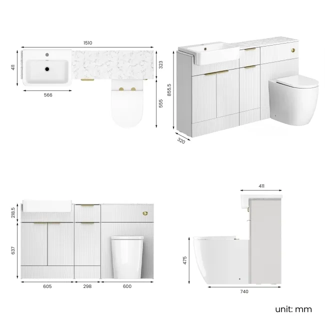 Sicily Fluted Coastal White Combination Vanity Basin with Marble Top & Utah Comfort Height Toilet 1500mm - Brushed Brass Accents
