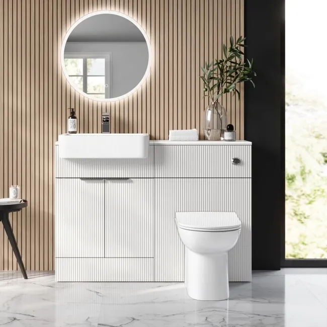 Sicily Fluted Coastal White Vanity with Semi Recessed Basin 600mm - Chrome Handles