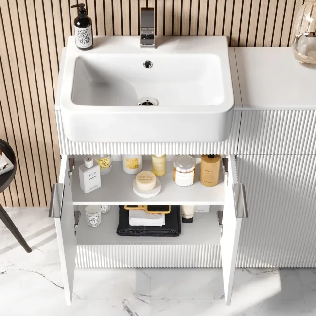 Sicily Fluted Coastal White Vanity with Semi Recessed Basin 600mm - Chrome Handles