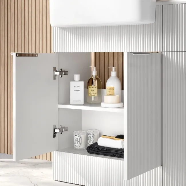 Sicily Fluted Coastal White Basin Vanity and Back To Wall Toilet Unit 1200mm (Excludes Toilet) - Chrome Handles