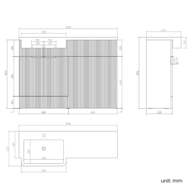 Sicily Fluted Coastal White Basin Vanity and Back To Wall Toilet Unit 1200mm (Excludes Toilet) - Chrome Handles - Left Handed